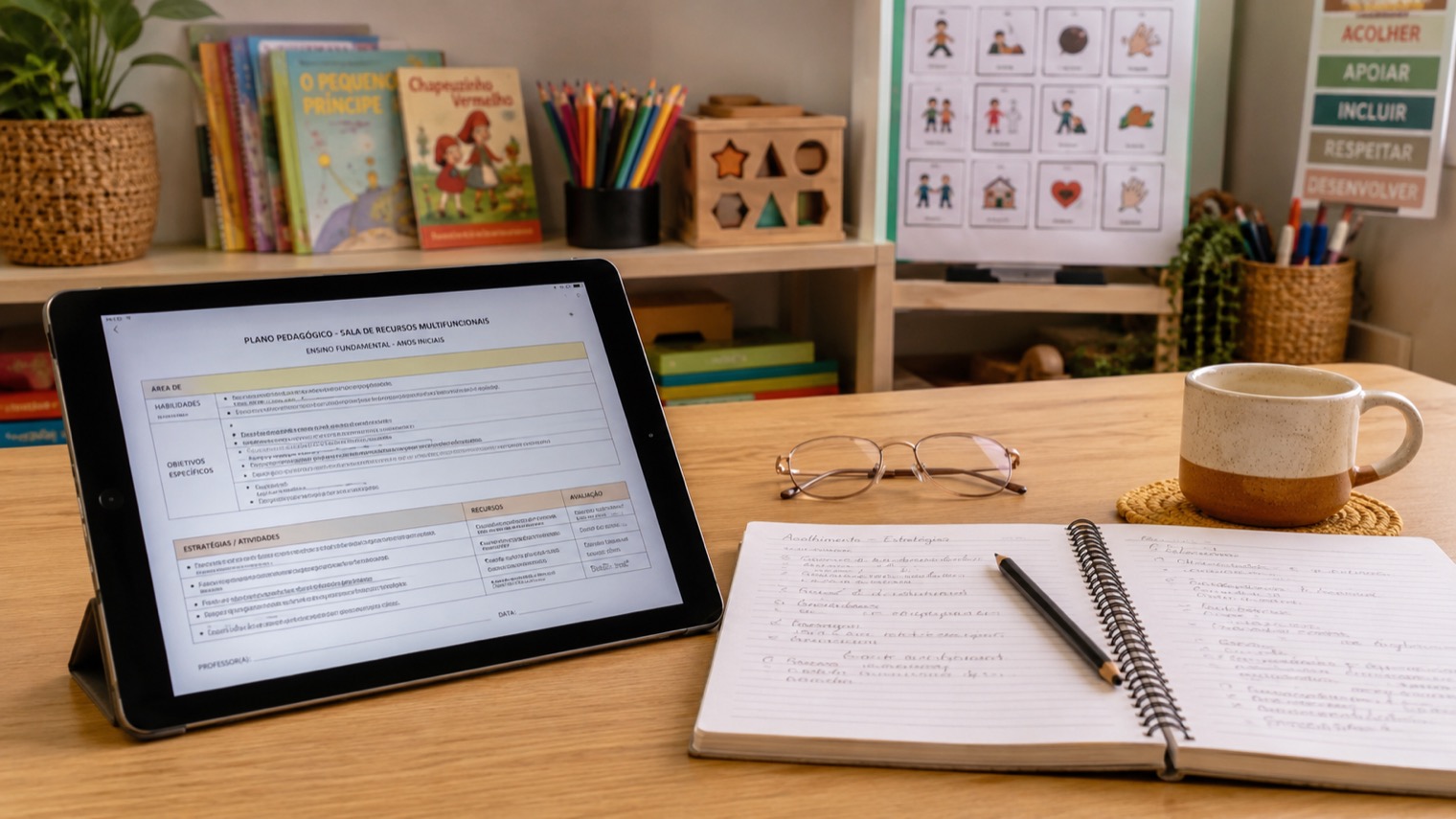 Modelo de PEI aberto em tablet sobre mesa de sala de recursos, com caderno e caneca ao lado